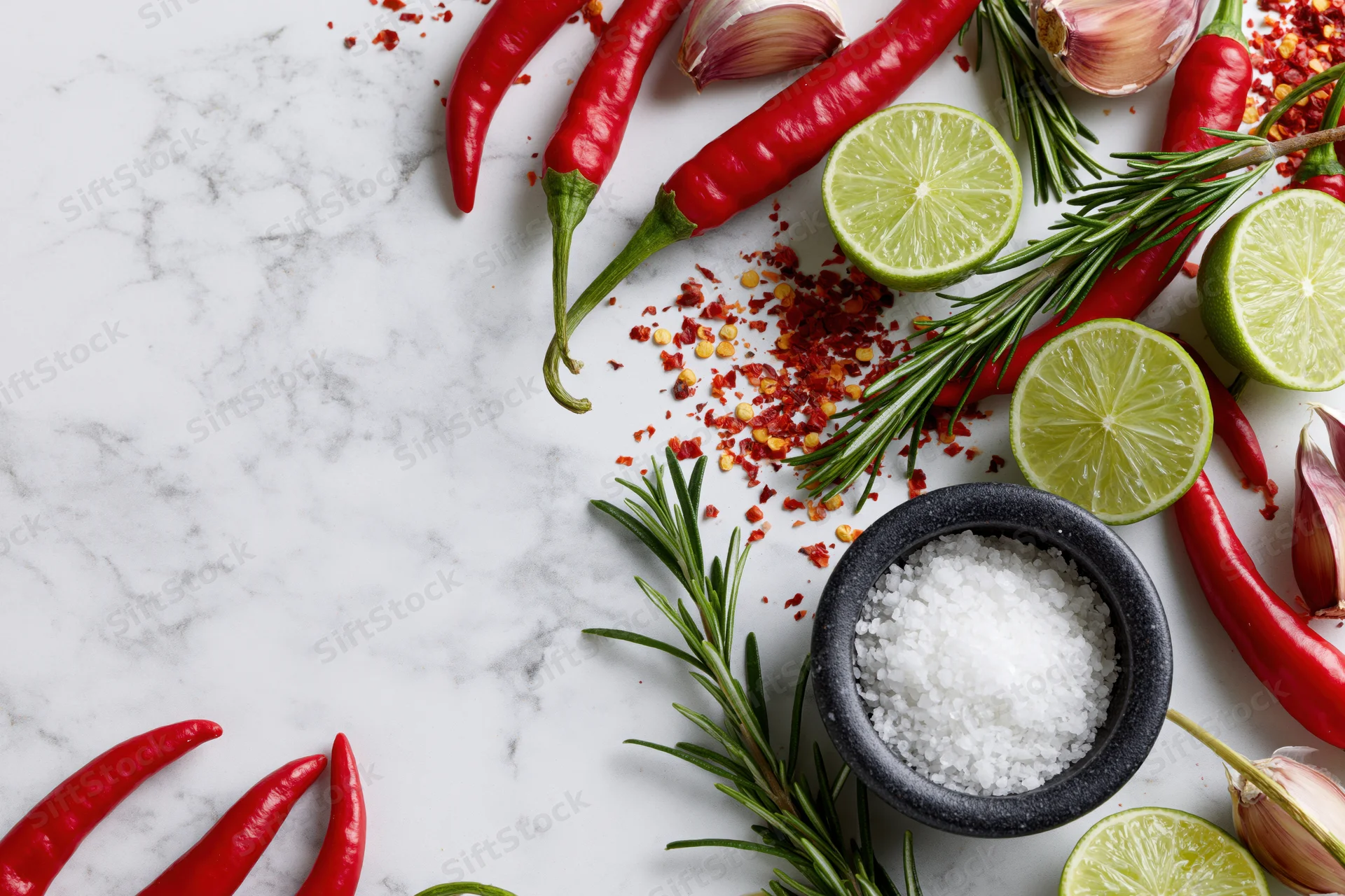 Red chili peppers, halved limes, garlic cloves, rosemary, and salt arranged on a marble countertop in a flat lay composition