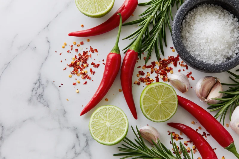 Red chili peppers, halved limes, garlic cloves, rosemary sprigs, and coarse salt arranged on a white marble surface in a flat lay composition