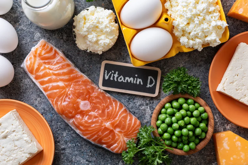 Salmon fillet and vitamin d-rich foods arranged in flat lay on dark grey surface