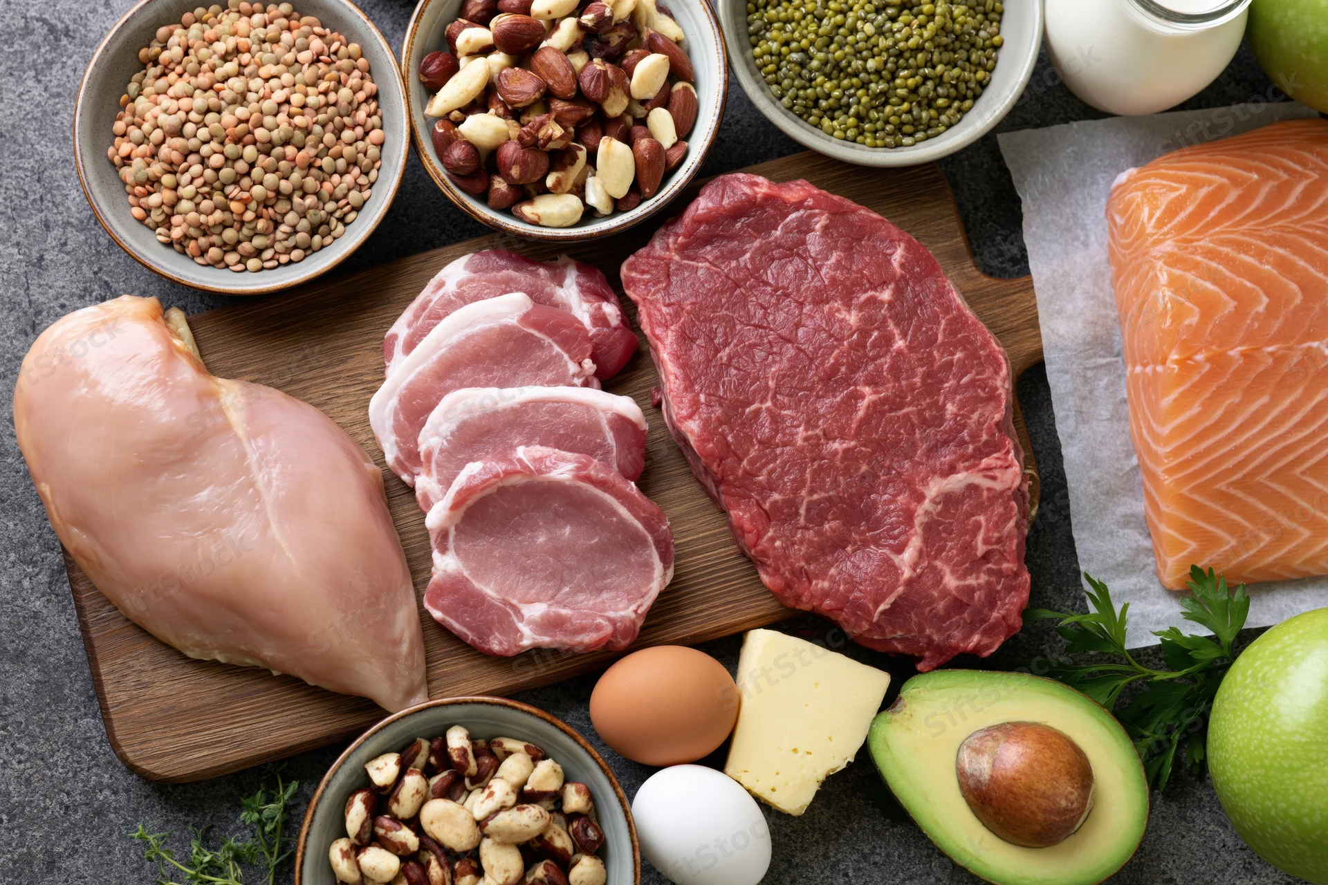 Raw proteins and whole foods arranged on a dark countertop in a flat lay overhead composition