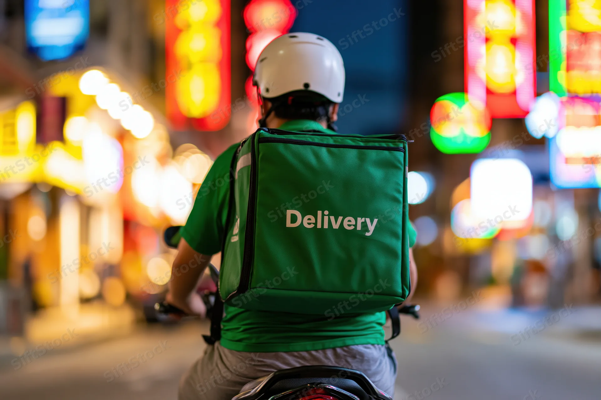 Delivery rider on motorcycle seen from behind riding through neon-lit city street at night