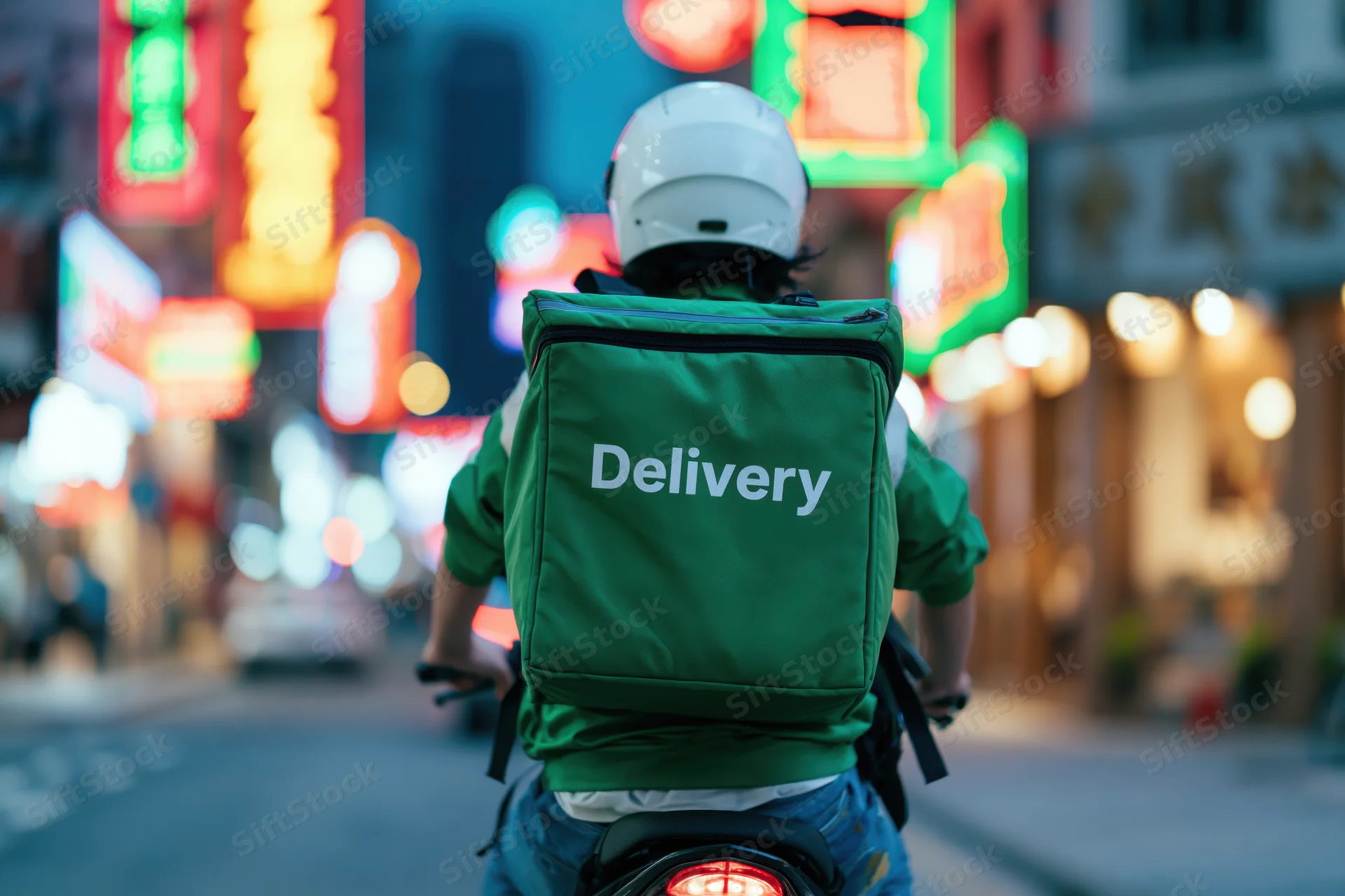 Delivery rider on motorcycle seen from behind riding through neon-lit city street at night