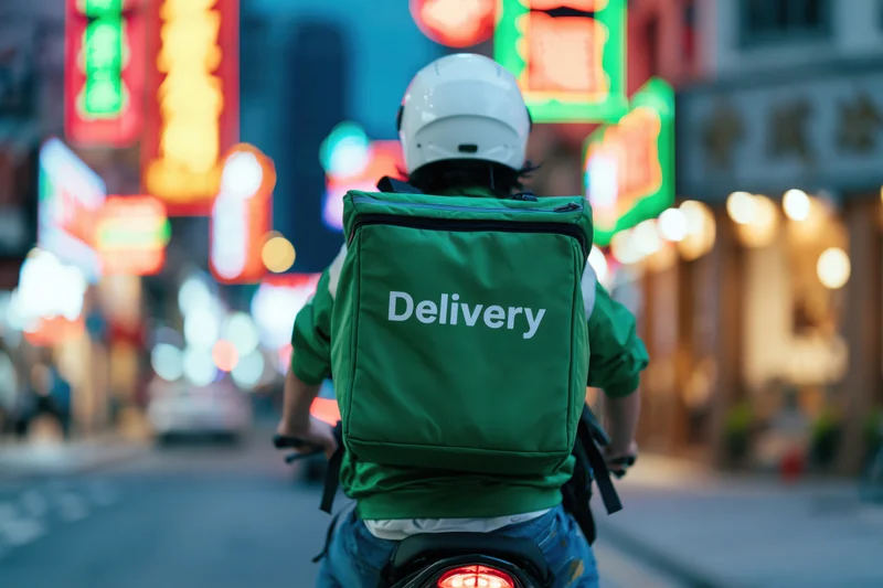 Delivery rider on motorcycle seen from behind riding through neon-lit city street at night