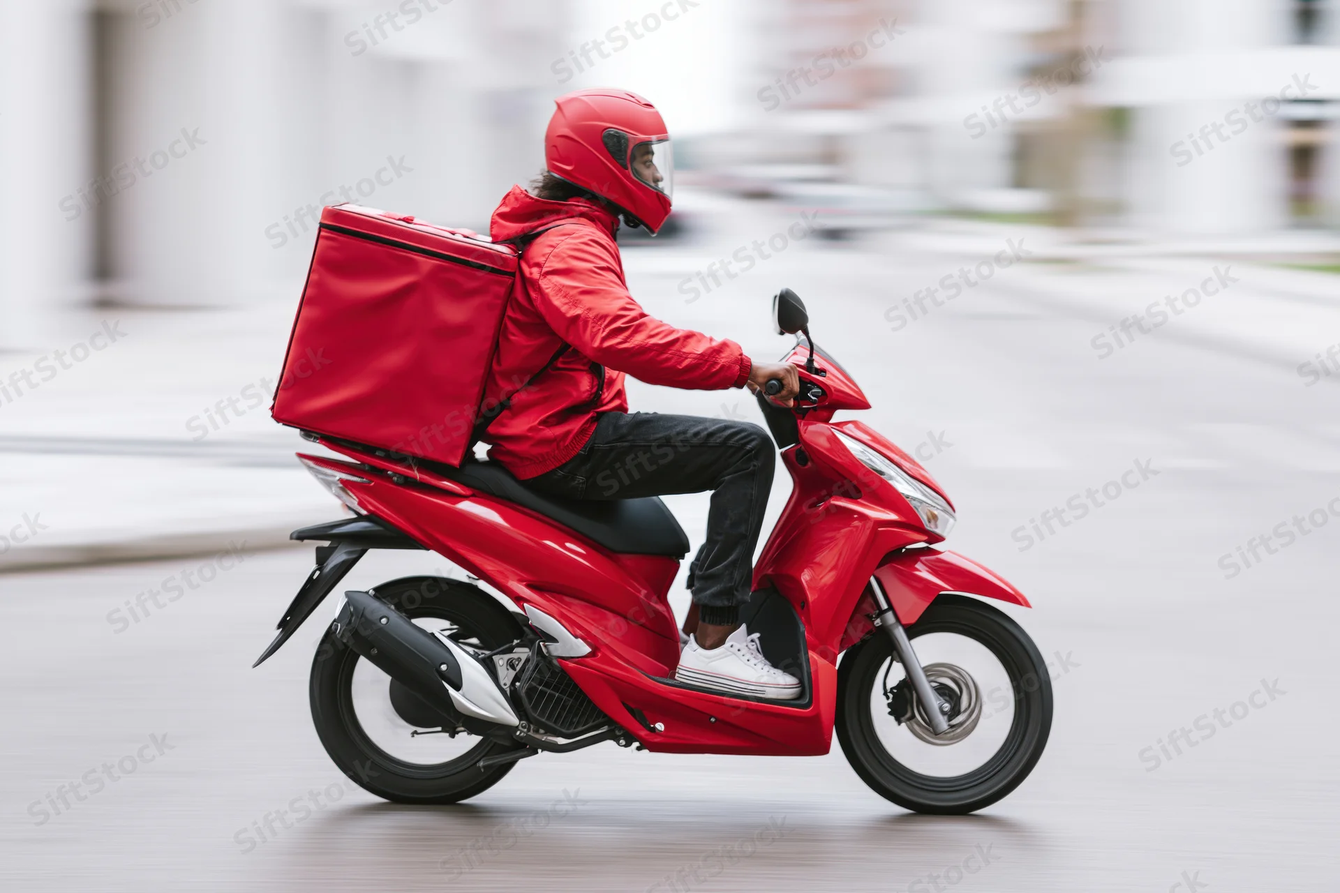 Food delivery rider on red scooter moving through urban street