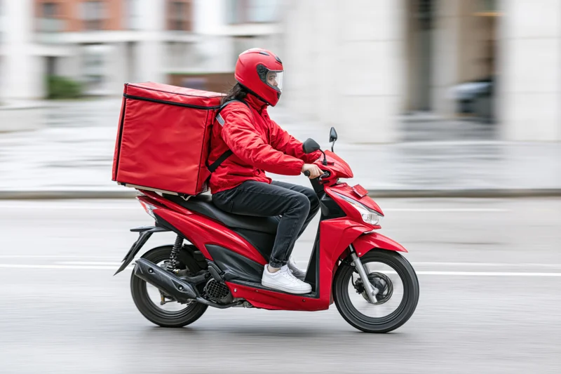 Woman riding red scooter with delivery backpack through city street
