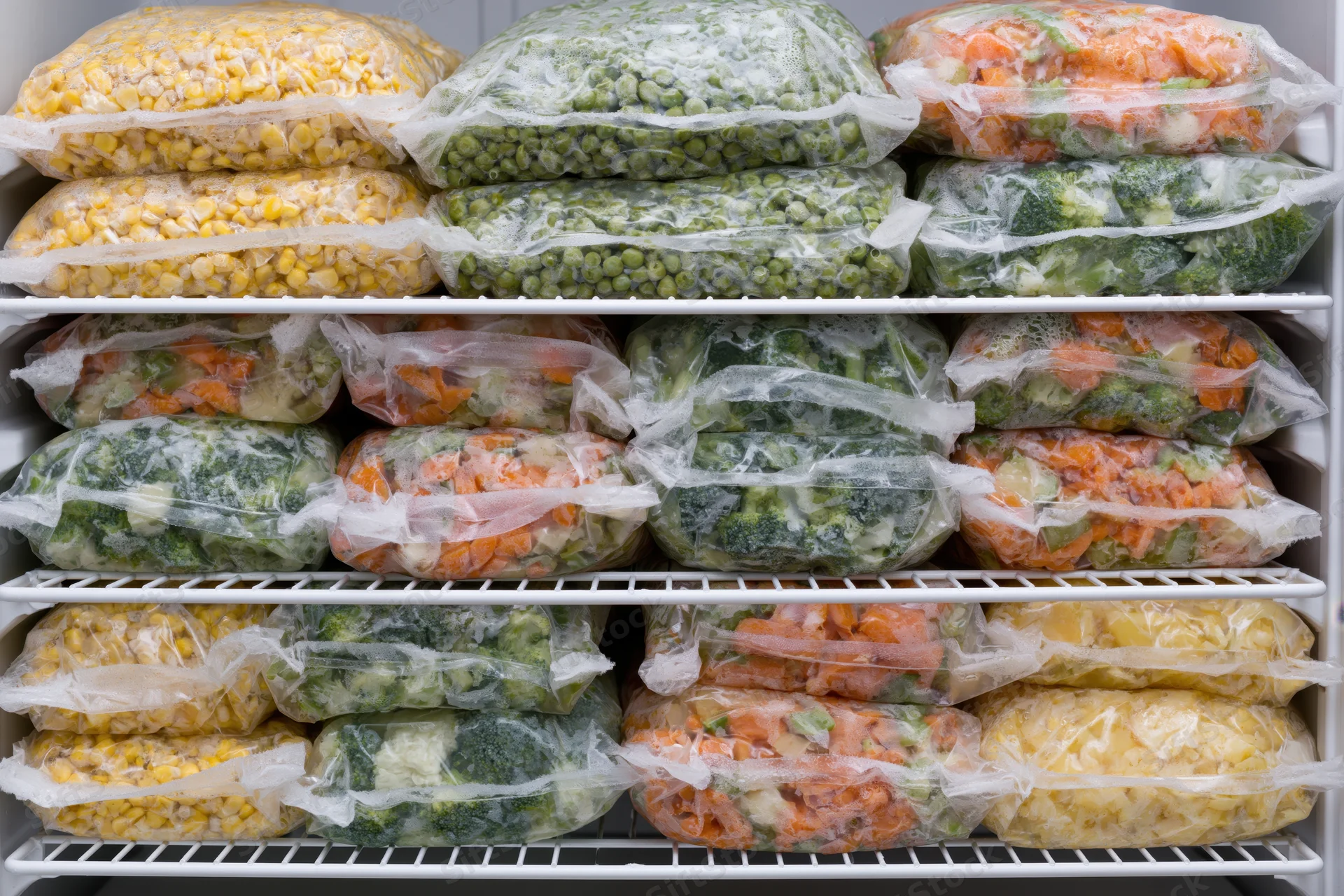 Freezer shelves filled with clear plastic bags of frozen vegetables arranged in rows