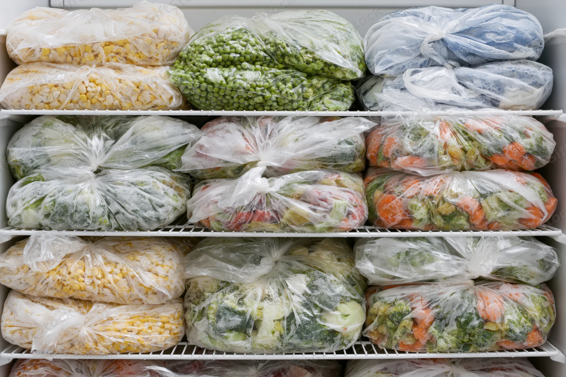 Freezer shelves filled with clear plastic bags of frozen vegetables arranged in rows