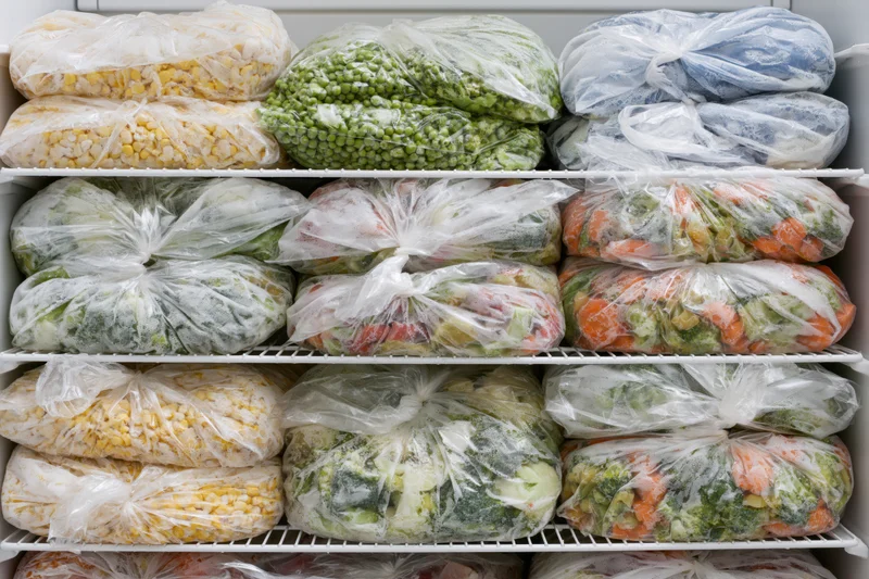 Freezer shelves filled with clear plastic bags of frozen vegetables arranged in rows