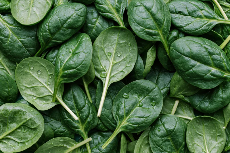Fresh baby spinach leaves scattered loosely filling the frame