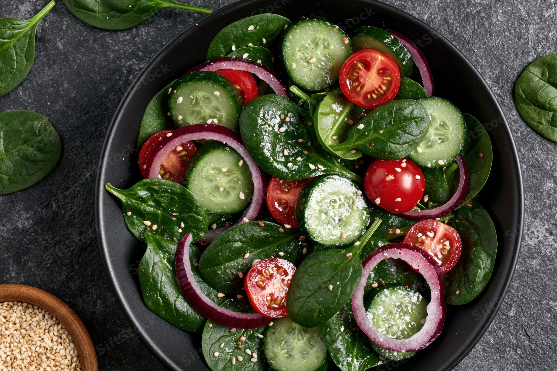 Fresh garden salad with spinach, cucumber, tomato, red onion and sesame in a matte black ceramic bowl on dark stone surface, overhead view