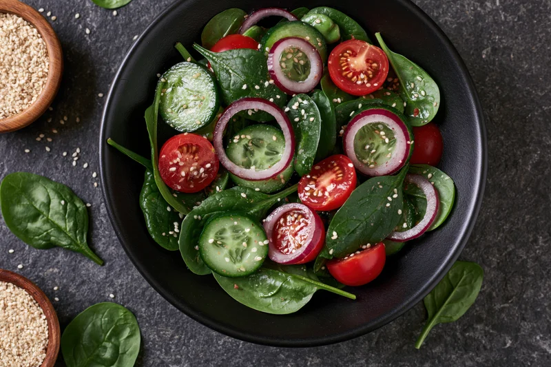 Fresh garden salad with spinach, tomatoes, cucumbers, radishes and sesame seeds in a black ceramic bowl on dark stone surface, overhead view