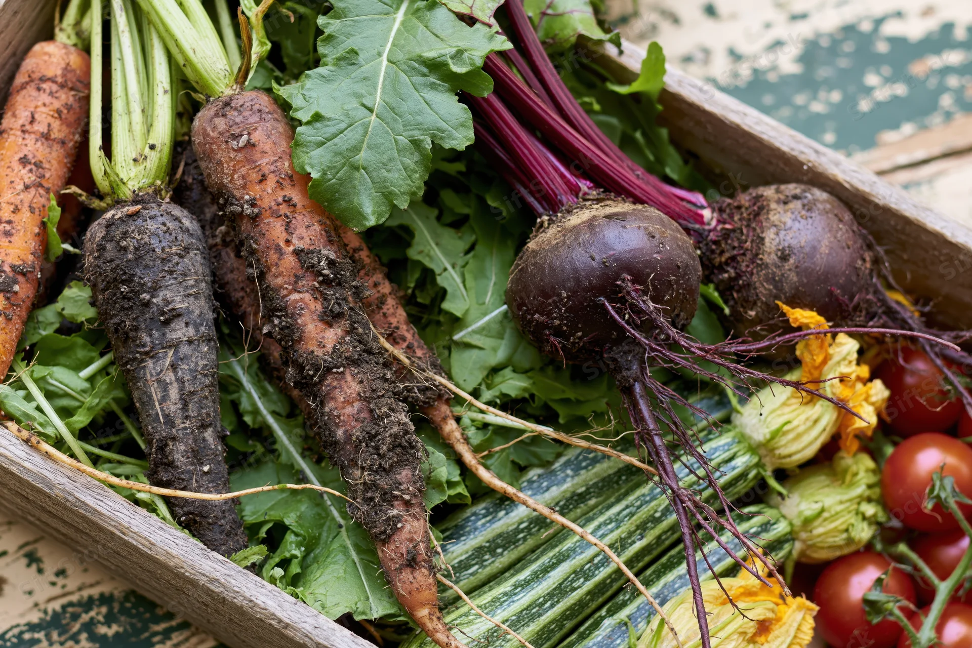 Fresh harvested vegetables including carrots, beets, zucchini and tomatoes arranged in a shallow wooden crate