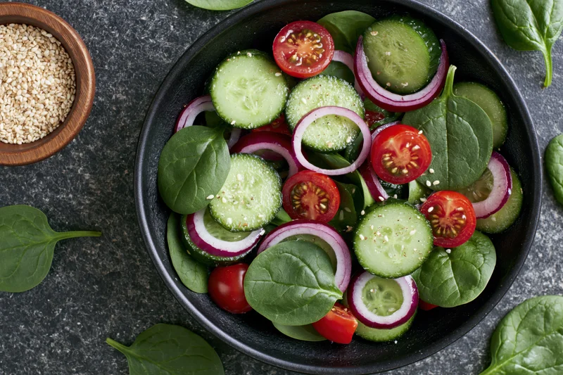 Fresh vegetable salad with cucumber, tomato, spinach and red onion in a black ceramic bowl on dark surface