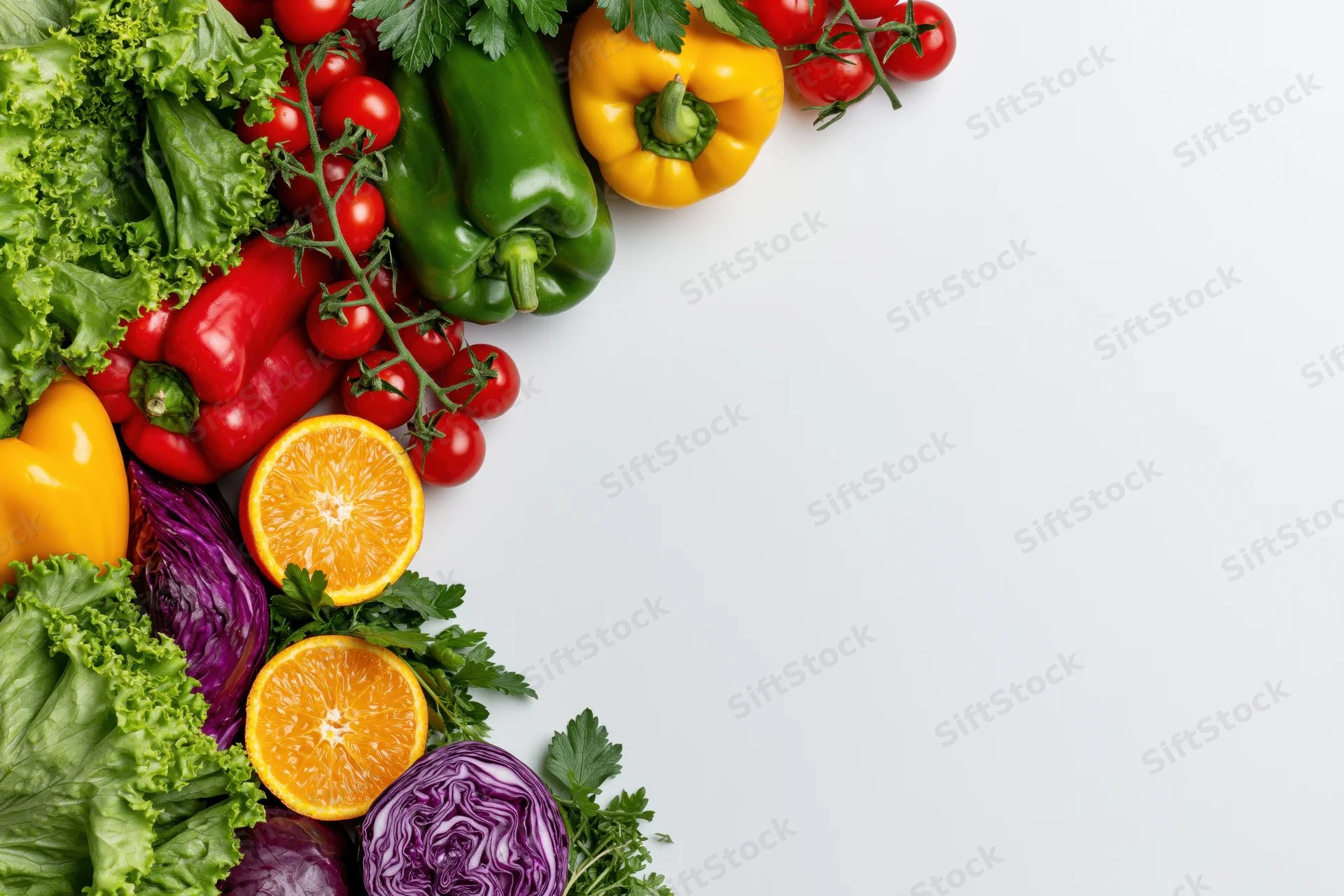 Fresh vegetables and fruits arranged along the left side on a white surface