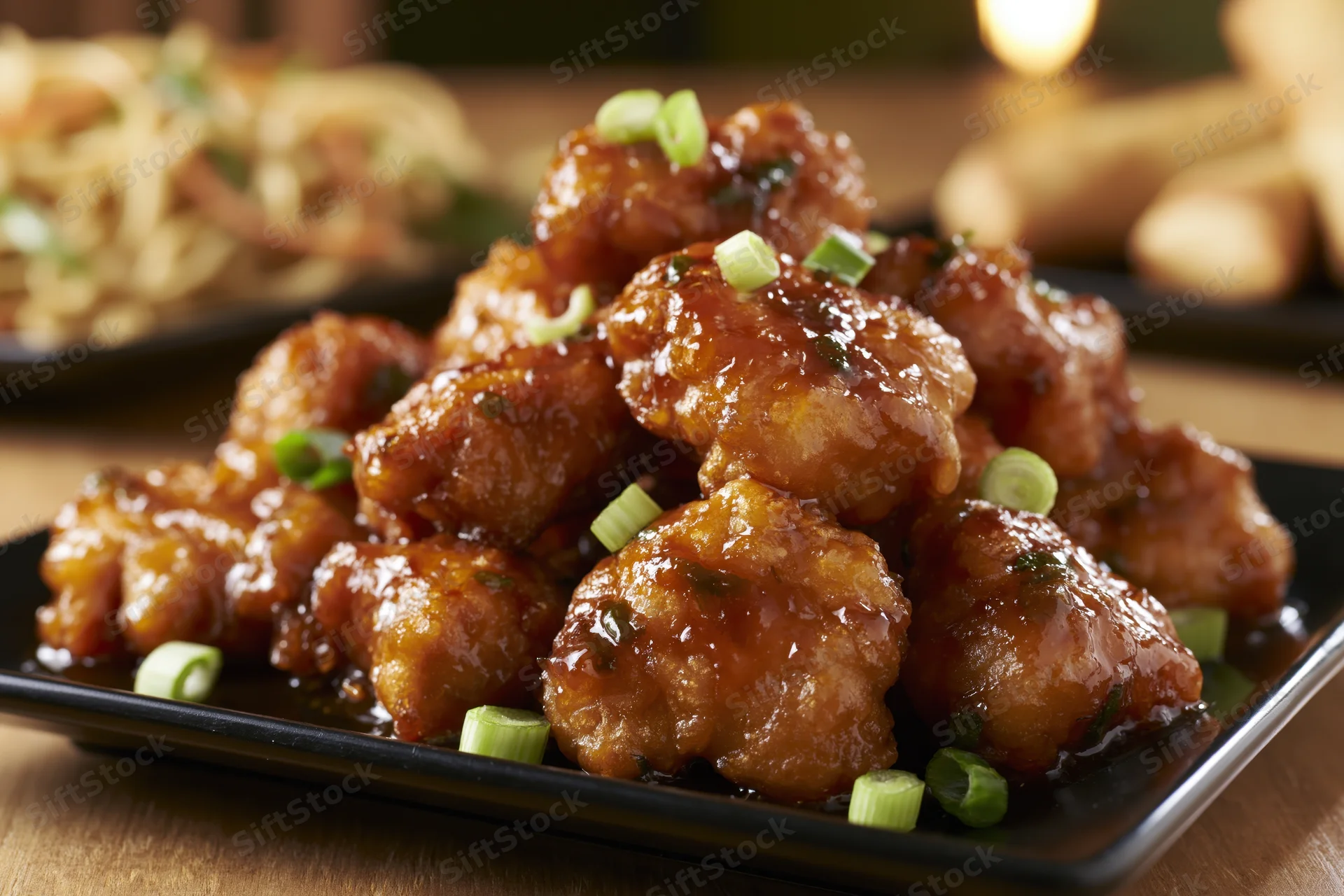 Glazed orange chicken pieces piled on a black square plate with green onions on a wooden table