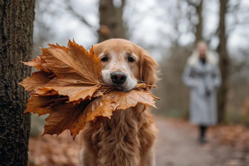 Golden retriever holding dry orange maple leaves in its mouth on a forest path with a woman walking in the background