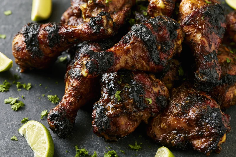 Grilled jerk chicken drumsticks and thighs piled on dark slate surface with lime wedges and cilantro garnish