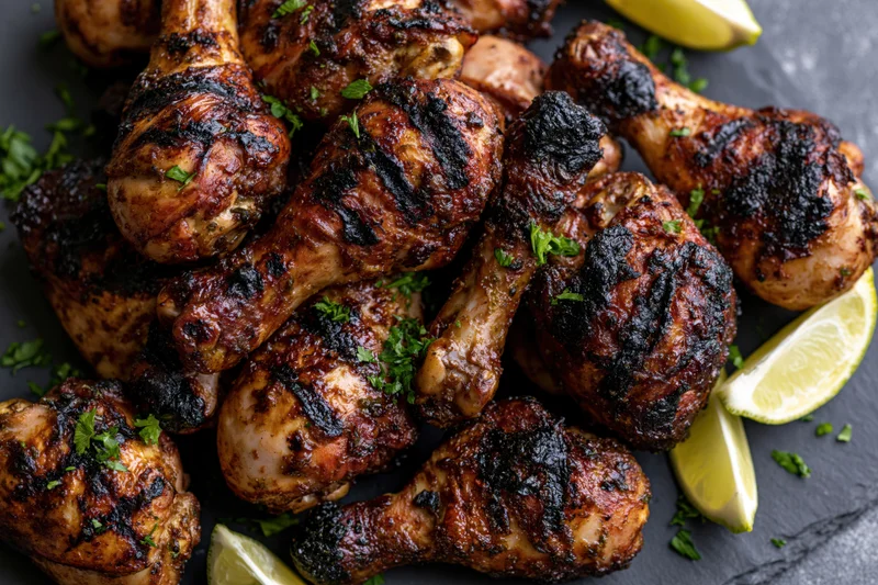 Grilled jerk chicken drumsticks and thighs piled on a dark slate plate with lime wedges and parsley garnish