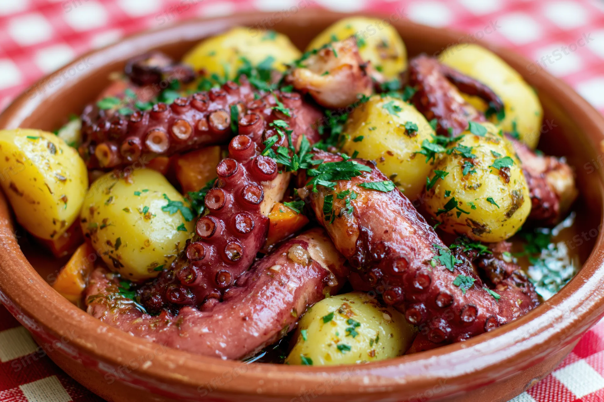 Grilled octopus tentacles and roasted baby potatoes in a terracotta bowl on a checkered tablecloth