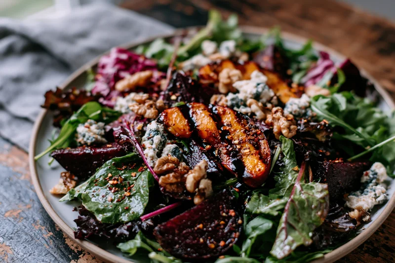 Grilled peach and roasted beet salad on a plate with greens, blue cheese and walnuts on a wooden table