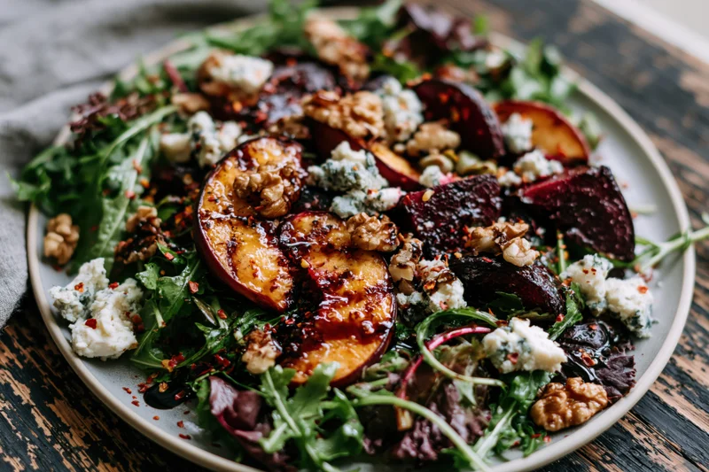 Grilled peach and roasted beet salad with arugula, blue cheese, and walnuts on a plate
