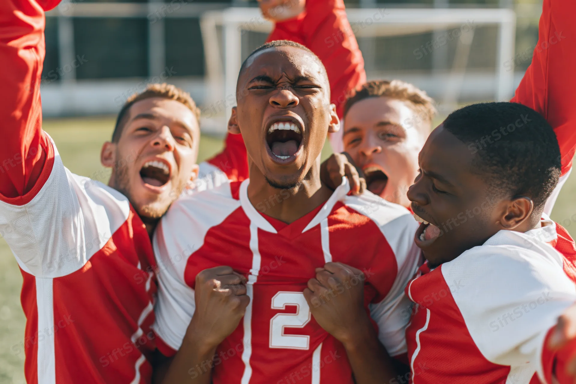 Four soccer players celebrating victory on the field in red and white jerseys
