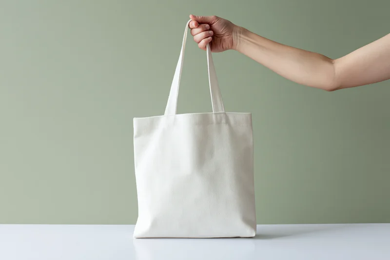 Hand holding a plain white canvas tote bag by one strap on a table against a muted green background
