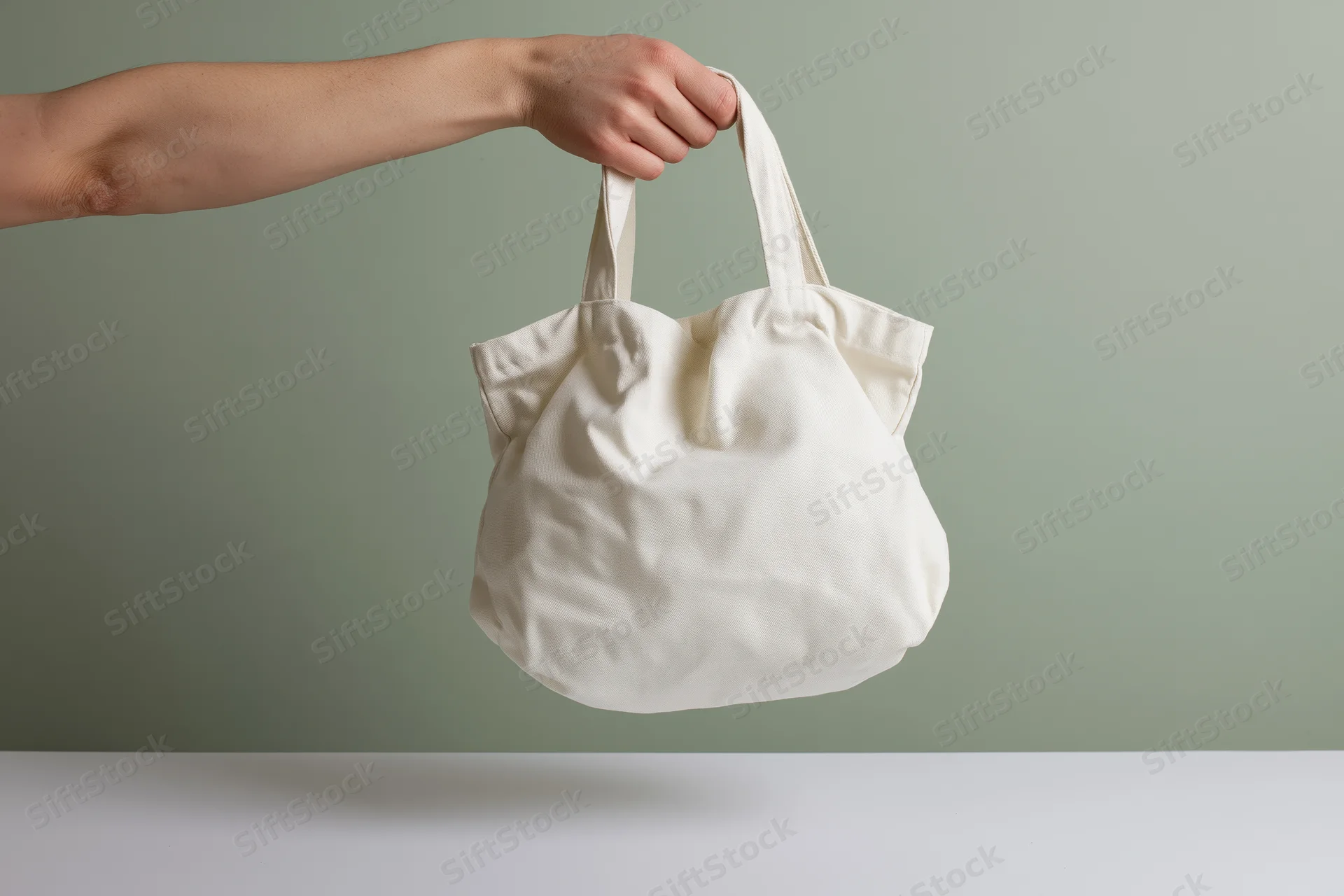 Hand holding a plain white canvas tote bag by one strap against a neutral background