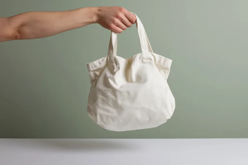 Hand holding a plain white canvas tote bag by one strap against a neutral background