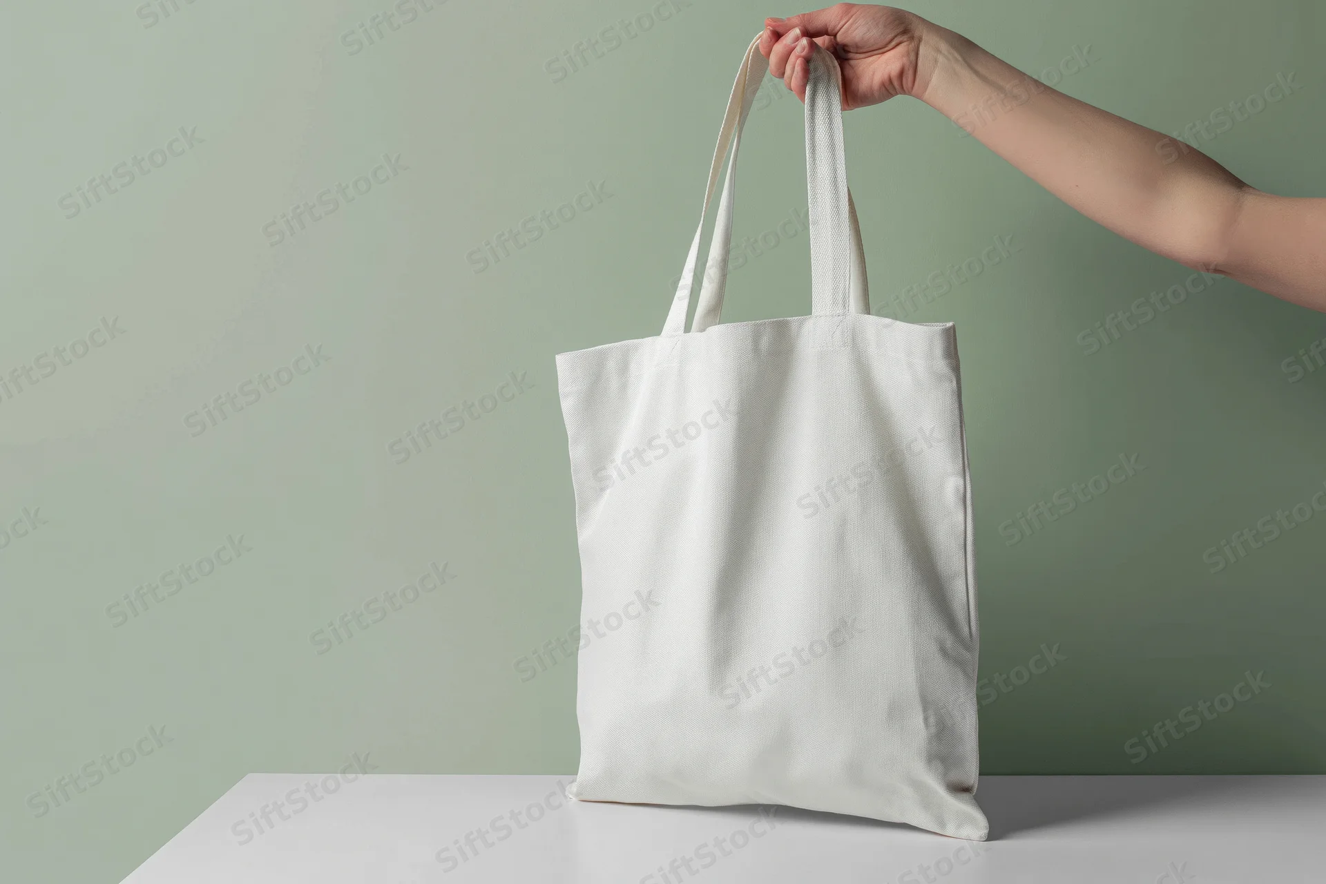 Hand holding a plain white canvas tote bag by one strap over a white surface against a muted green background
