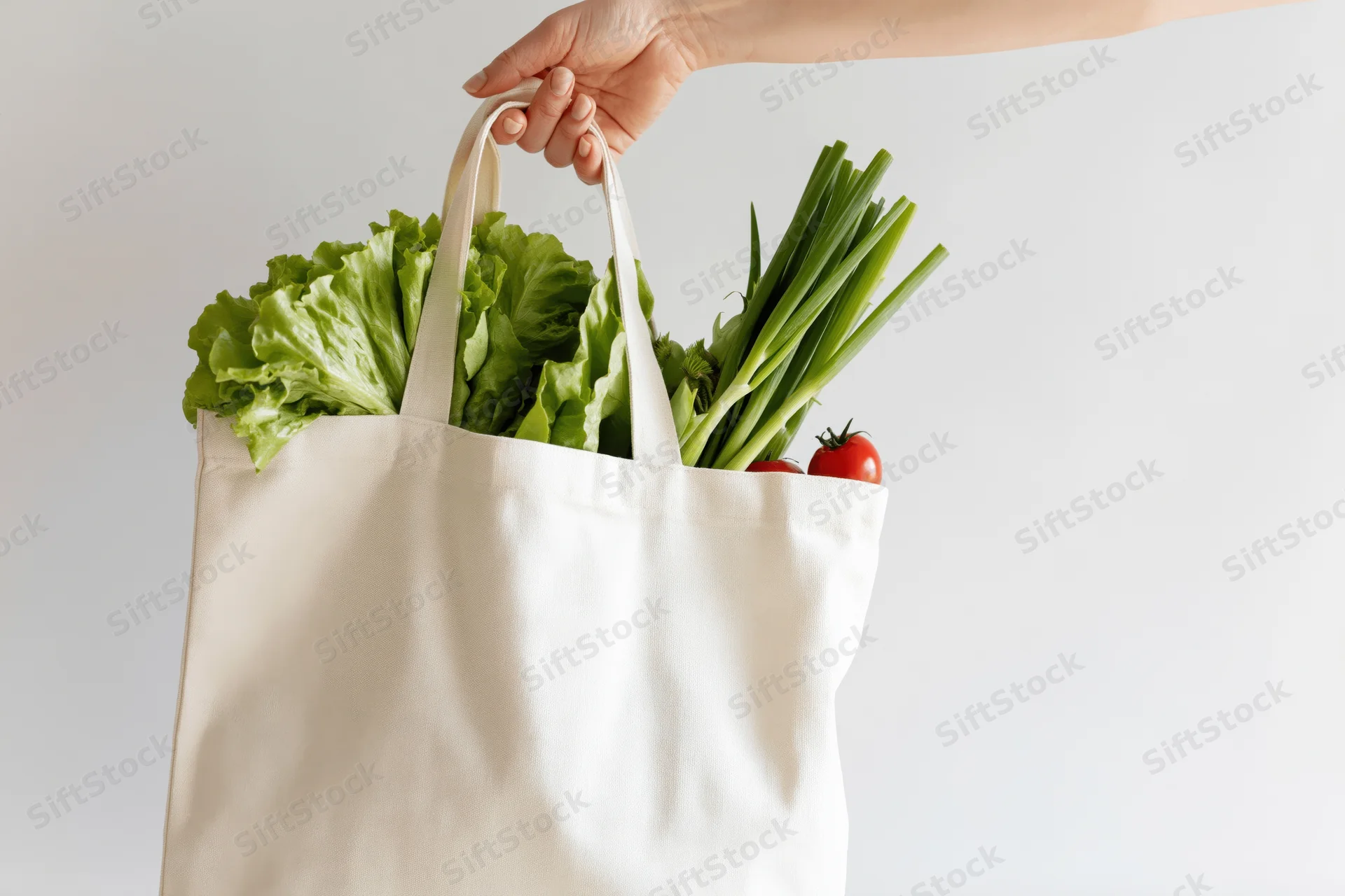 Hand holding a white canvas tote bag filled with fresh vegetables against a plain background