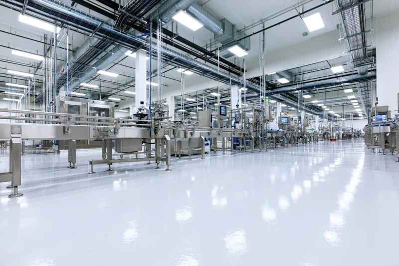 Interior of a modern food and beverage manufacturing plant with stainless steel machinery and conveyor systems