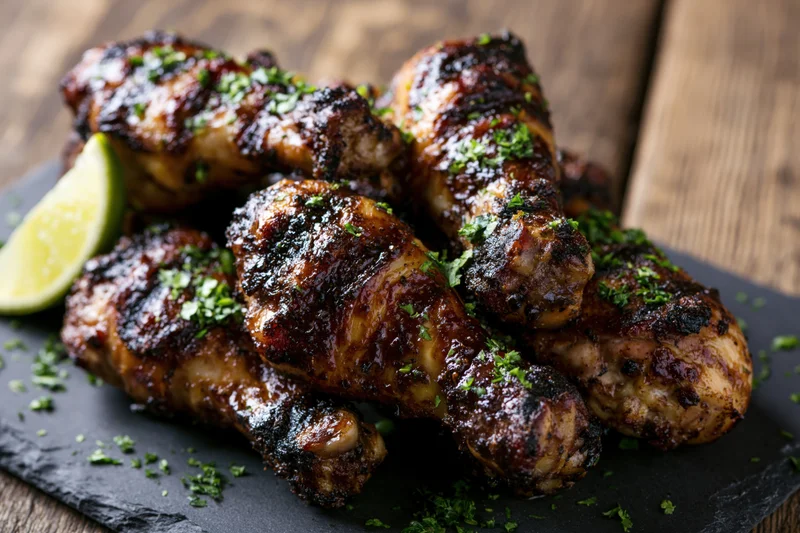 Grilled jerk-spiced chicken drumsticks piled on a dark slate plate with lime wedge and parsley garnish
