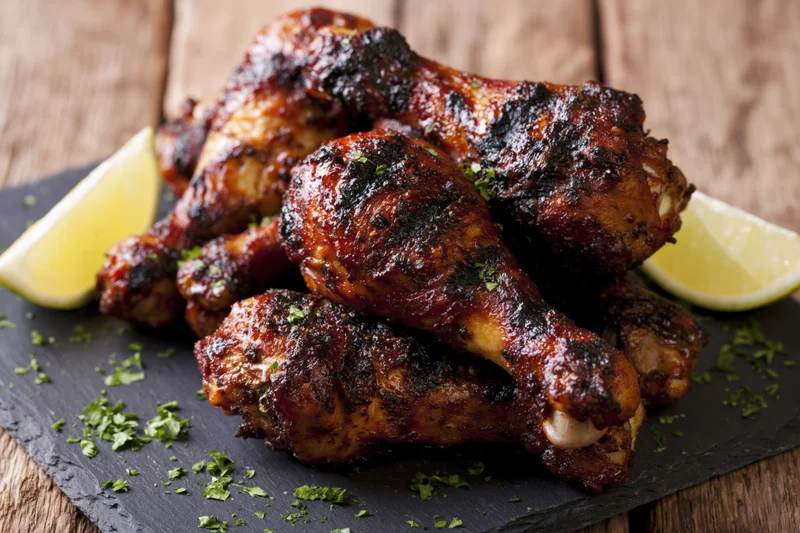 Grilled jerk-spiced chicken drumsticks piled on a dark slate with lemon wedges and parsley garnish
