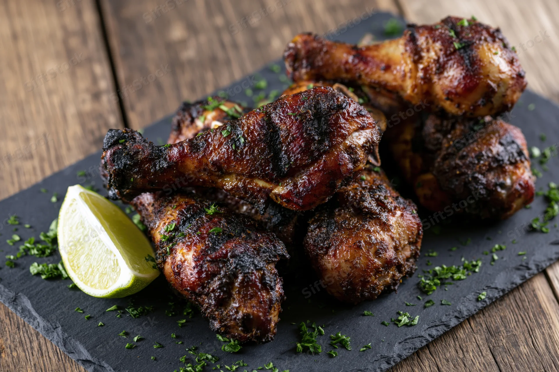 Grilled jerk-spiced chicken drumsticks piled on a dark slate plate with lime and herbs