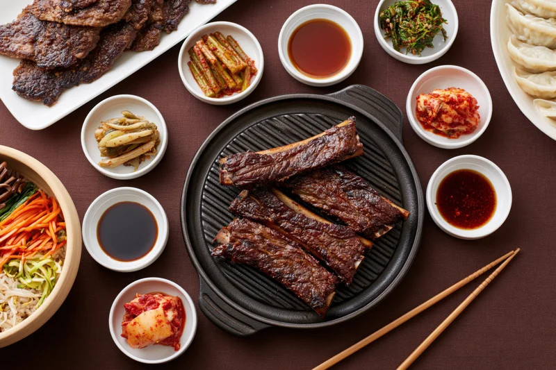 Galbi ribs on a cast iron grill surrounded by korean side dishes and sauces on a brown tablecloth