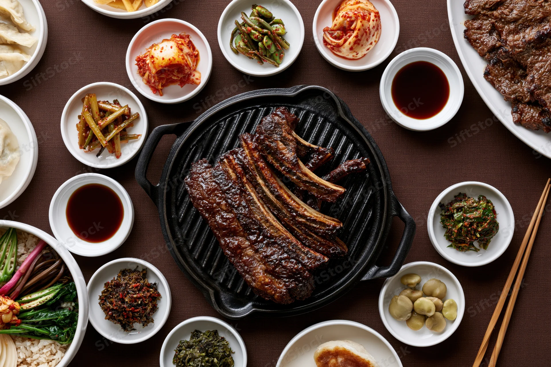 Galbi ribs grilling on a cast iron pan surrounded by various banchan and side dishes on a brown tablecloth