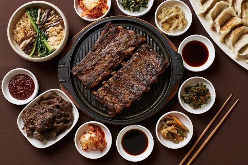 Overhead view of korean barbecue spread with grilled galbi ribs and assorted banchan on dark table