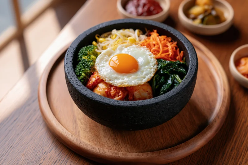 Korean bibimbap in a black stone dolsot bowl with vegetables and fried egg on wooden tray