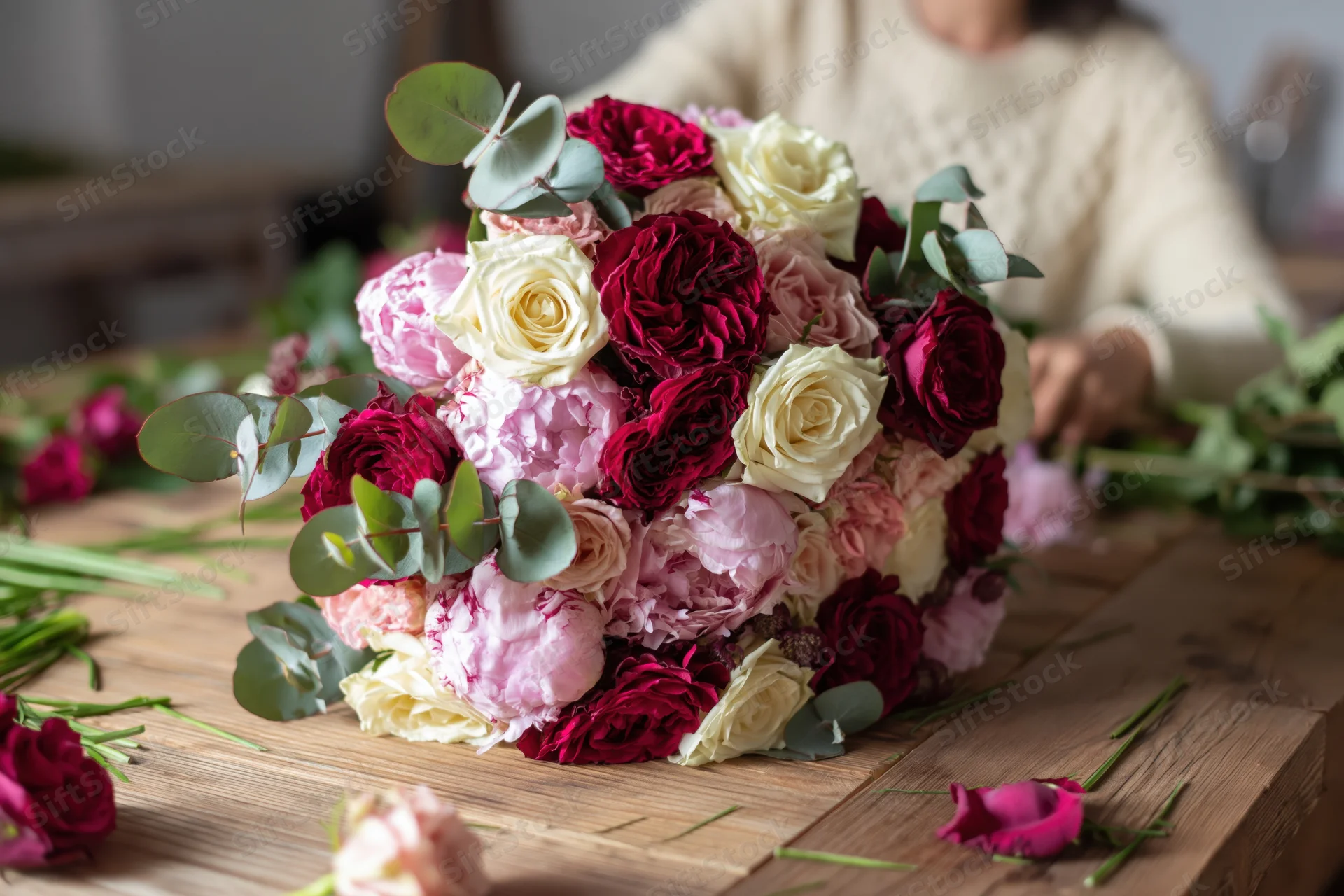Lush bouquet of red cream and pink roses with eucalyptus on wooden table with florist arranging in background