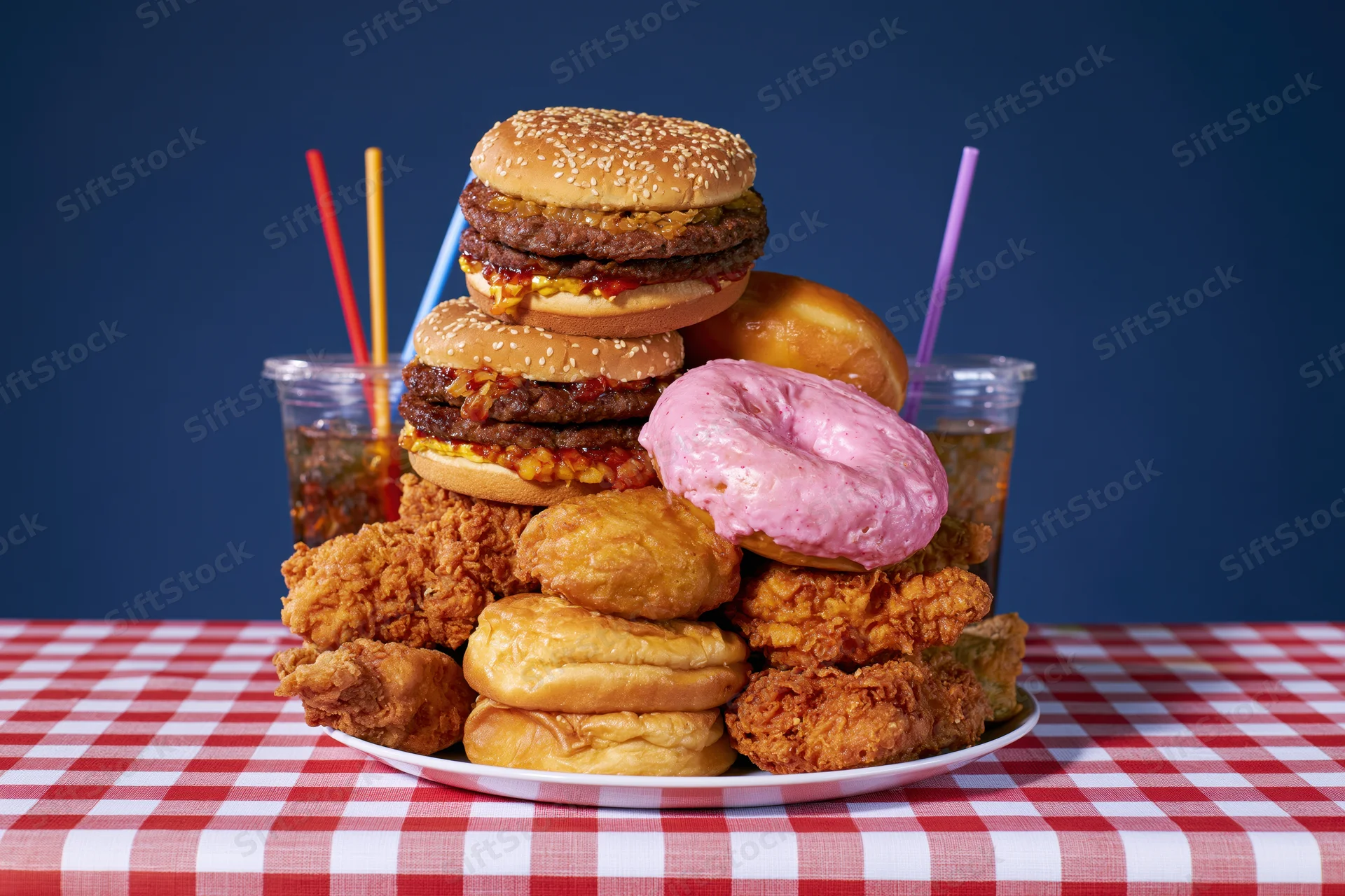 Pile of burgers, donuts, fried chicken and soda on a red and white checkered tablecloth