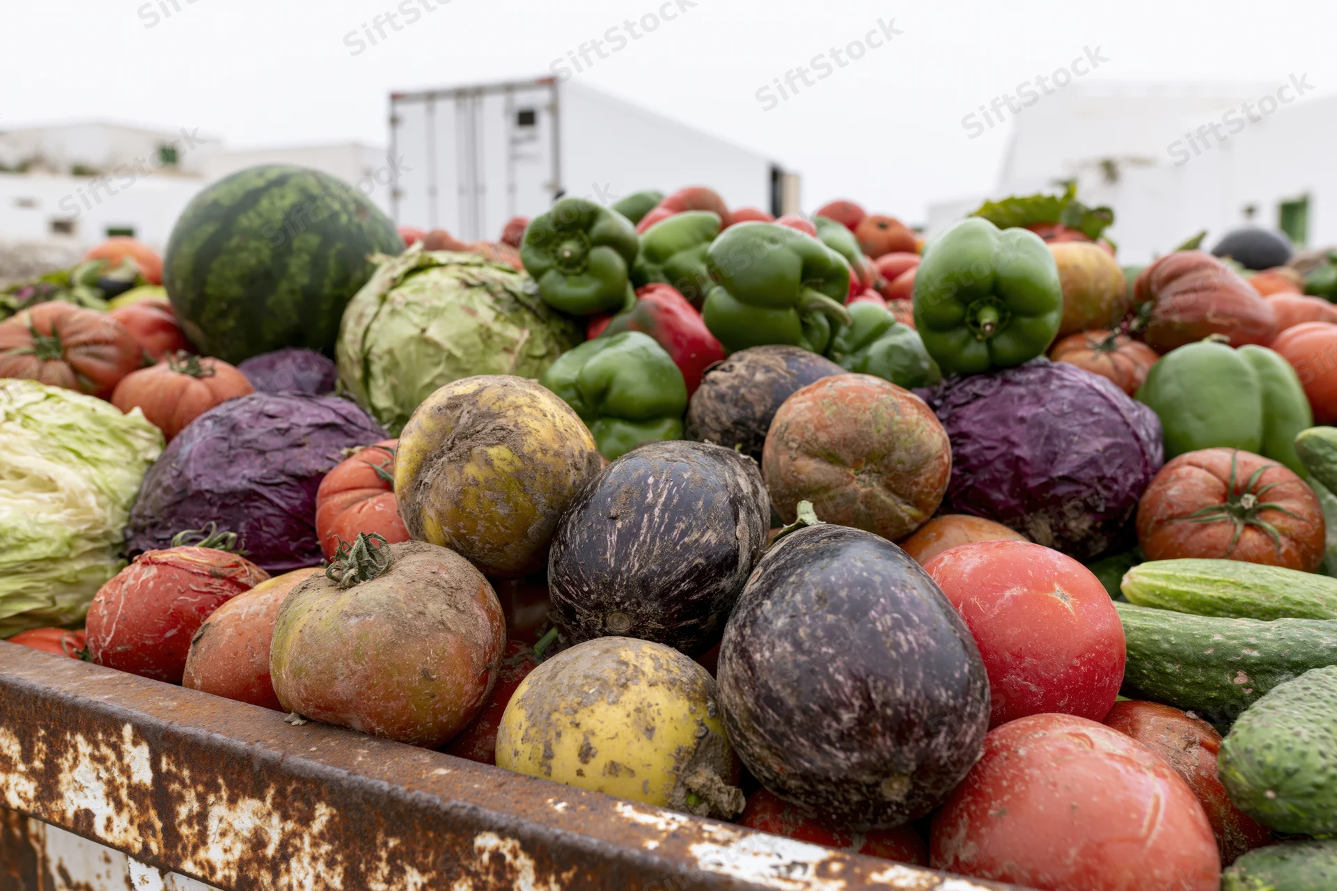 Pile of discarded mixed vegetables including tomatoes peppers and eggplant in a rusted metal container outdoors