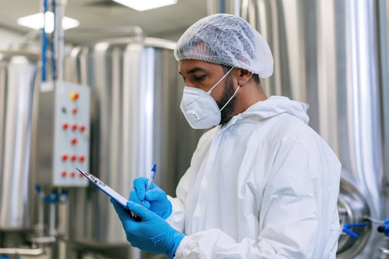 Male quality control worker writing on clipboard in factory with stainless steel tanks and control panel