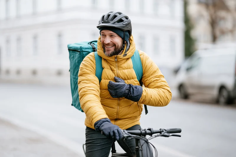 Smiling male delivery cyclist straddling bicycle in city street wearing winter gear and backpack
