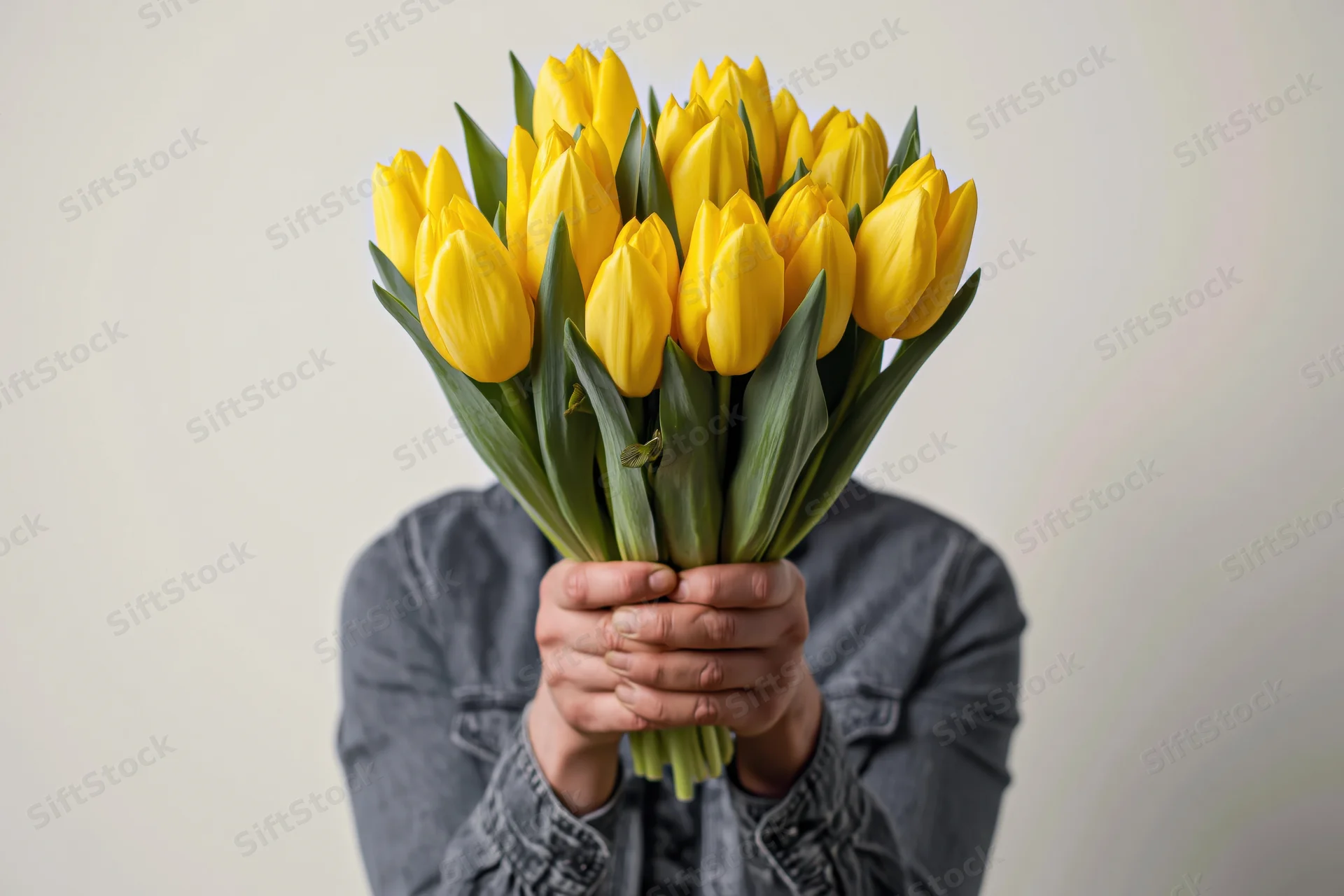 Man holding a large bouquet of yellow tulips in front of his face, wearing a dark grey denim shirt against a neutral background
