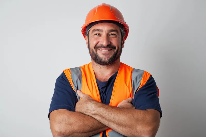 Smiling construction worker in orange safety helmet and high-visibility vest with arms crossed against white background