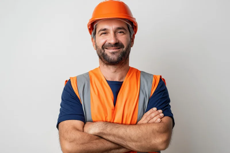 Middle-aged man in orange safety helmet and vest with arms crossed smiling at camera in studio