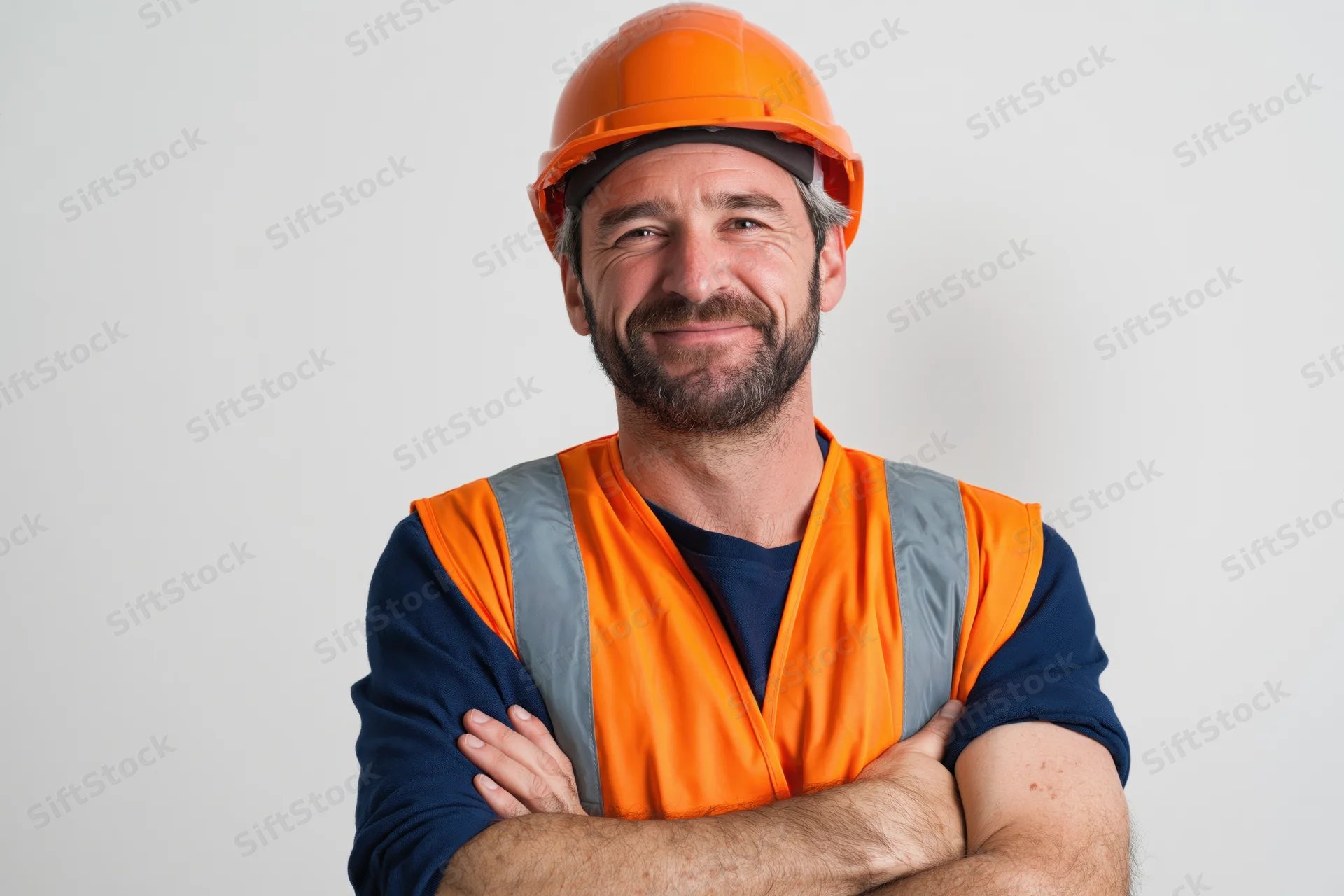 Construction worker in orange safety helmet and high-visibility vest with arms crossed smiling against white background