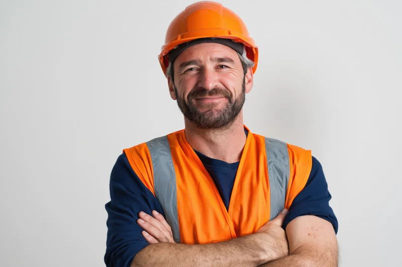 Construction worker in orange safety helmet and high-visibility vest with arms crossed smiling against white background