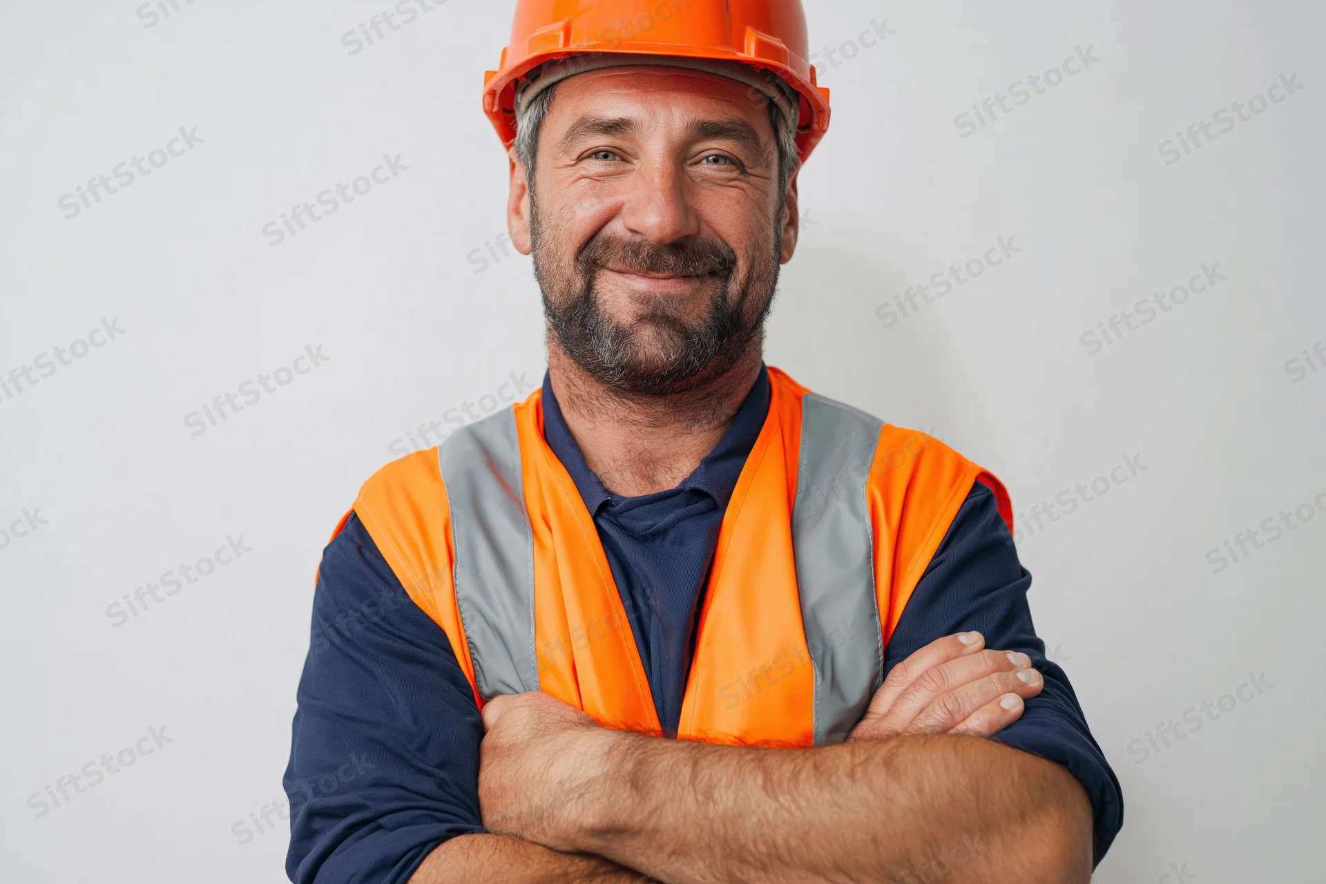 Construction worker in orange safety helmet and vest smiling with arms crossed against white background
